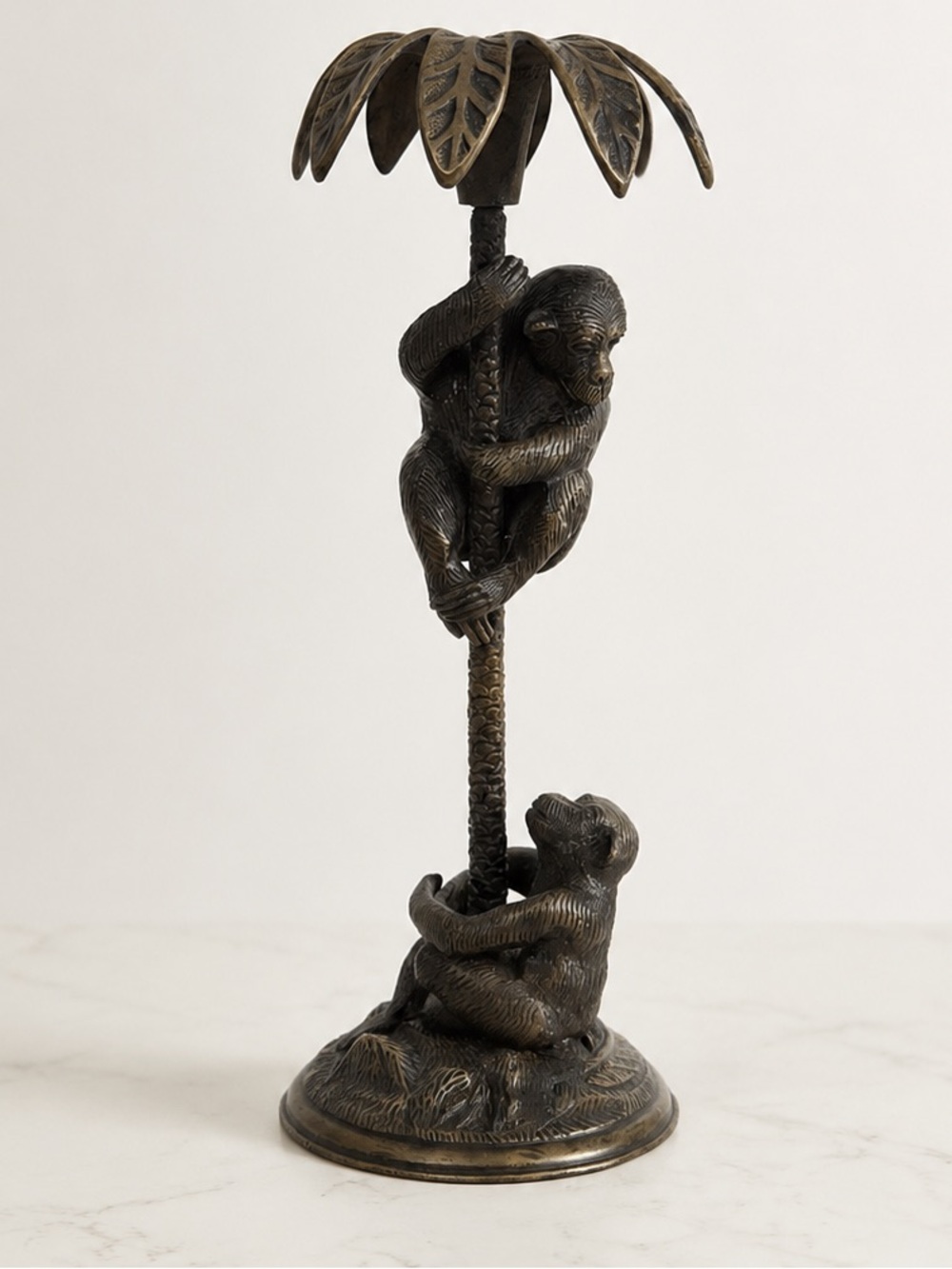 Vintage Solid Brass Monkey Palm Tree Candlestick Tropical Candle Holder 15.5”